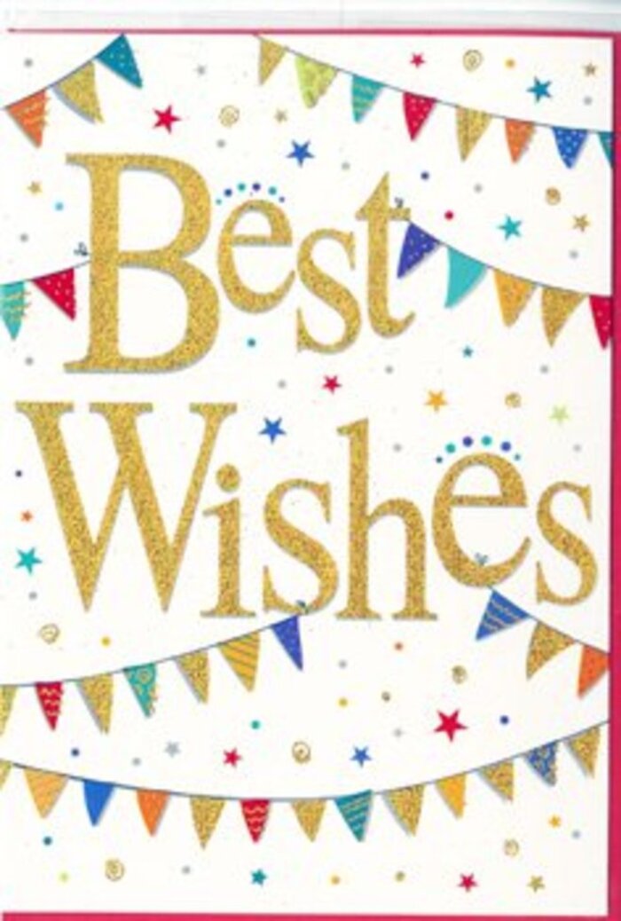 This Best Wishes card radiates the gentle excitement of a celebration about to begin, reminiscent of seeing colourful flags appear along Cockfosters Road before a community event. At the heart of the composition, the words Best Wishes are rendered in sweeping gold script across a clean white background. The letters are slightly raised and glint with a metallic finish, catching the light in a way that makes the words feel almost three-dimensional. The curves of the script are graceful and fluid, exuding warmth and confidence. Framing this central message are two arcs of vibrant bunting-one stretching across the upper portion of the card, the other mirroring it below. Each tiny pennant is a triangle of intense colour: crimson, cobalt, emerald, lemon, and magenta, interspersed with softer tones to keep the design harmonious. Many flags carry decorative details: fine stripes, playful polka dots, or tiny geometric patterns that hint at a hand-crafted, personal touch. Nestled among the bunting and letters, petite stars and circular confetti-like dots are scattered with apparent spontaneity, echoing the bright hues of the flags. These elements look as though they are gently drifting down through the air, adding a sense of motion and light-hearted joy. The card feels ideal for marking milestones: a new job in a nearby business park, a housewarming close to Cockfosters station, or a personal achievement like finishing studies. While the image focuses entirely on the card, it is easy to imagine it being chosen by a local florist to complement a fresh, colourful bouquet, ready for prompt delivery across Cockfosters and Oakwood, bringing with it sincere good wishes and a shared sense of happiness.